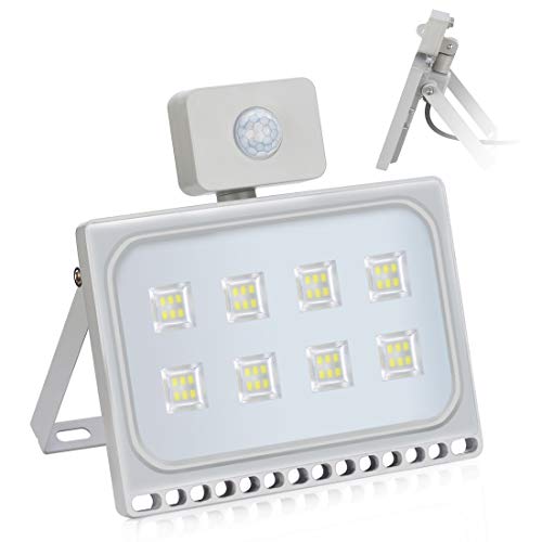 Reflektor LED 50 W, wodoodporny IP65, światła bezpieczeństwa z czujnikiem ruchu, 4500 lm 6500 K zimna biel światła zewnętrzne światło ogrodowe na plac zabaw podwórko magazyn garażu