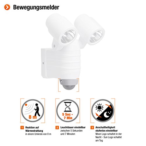 Meister Reflektor zewnętrzny LED, zasilany bateriami, czujnik ruchu, zasięg 8 m, ochrona przed zachlapaniem, światło zewnętrzne z czujnikiem ruchu, naświetlacz ścienny, 7490110 8 W - obrazek 2