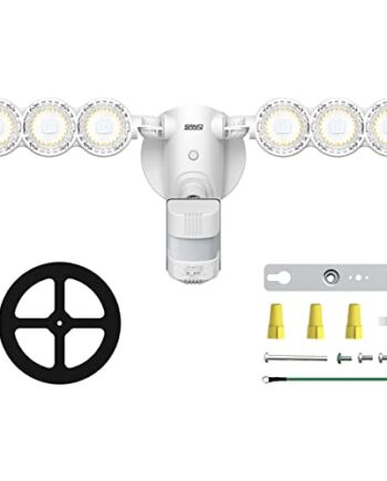SANSI Reflektor LED 45 W z czujnikiem ruchu na zewnątrz, 6000 lumenów, 5000 K białe światło dzienne LED, bardzo jasna lampa zewnętrzna LED z czujnikiem ruchu, wodoszczelność IP65, regulowane światło, biały