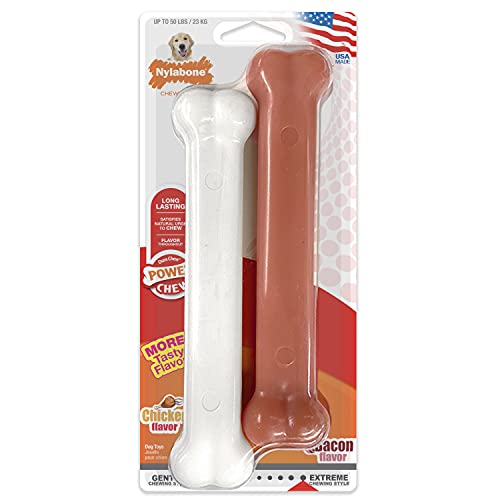 Nylabone 982904 Dura Power Chew, w kształcie kości, dwupak o smaku boczku i kurczaka, dla dużych psów (do 23 kg), L