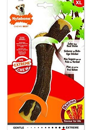 Nylabone Ekstremalnie wytrzymały pies gryzący zabawka drewniany patyk, trwały, czyści zęby, smak bekonu, XL, dla psów powyżej 23 kg