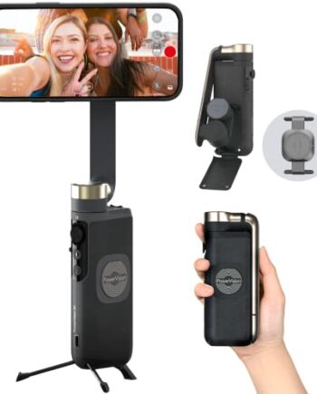 PowerVision S1, Gimbal smartfon, 3-osiowy stabilizator telefonu z wbudowanym statywem, bezprzewodowy powerbank i śledzenie AI twarzy, do vlogów lub TikTok (zestaw Explorer, czarny)