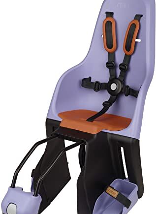 MINIA Rama 8405600002 – Tylny fotelik dziecięcy do roweru zmontowany na ramie, zalecany wiek od 9 miesięcy do 6 lat i maksymalna waga 22 kg w kolorze fioletowym.