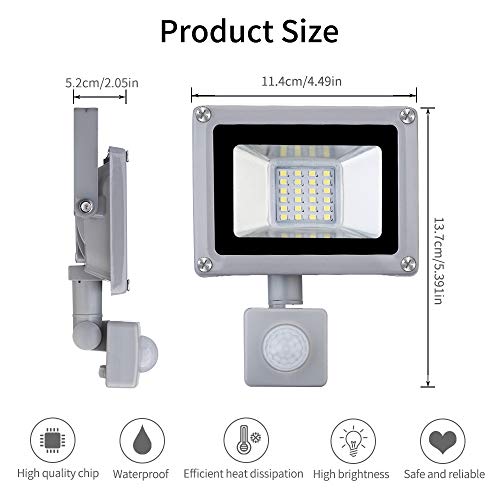 20W Reflektor LED z czujnikiem ruchu, wodoszczelny IP65 reflektor aluminiowy, 1600lm, 6500K zimna biel, reflektor LED, oświetlenie zewnętrzne do ogrodu, garażu, na boisko sportowe - obrazek 9