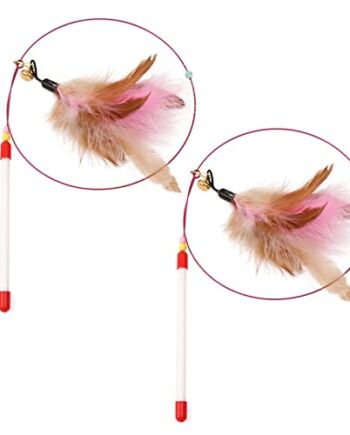 MIVAIUN Zabawka dla kota z piórami, zabawka dla kota, zabawki z piórami dla kotów, interaktywna łapacz kotów i różdżka do ćwiczeń dla kotów i kociąt, interaktywna różdżka dla kota z dzwonkami i piórami (2 sztuki)