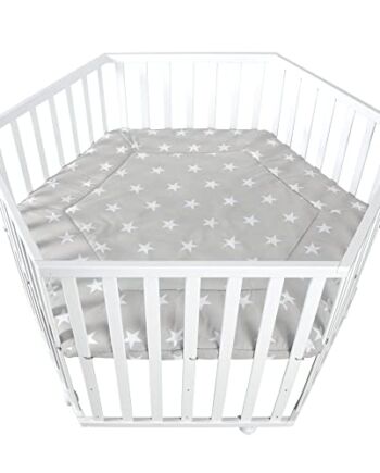 roba Drewniany sześciokątny kojec w gwiazdki "Little Stars" z wkładem i kółkami z hamulcami - podstawa z regulacją wysokości - szary