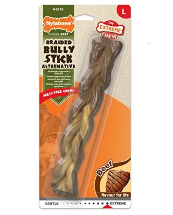 Nylabone Ekstremalnie wytrzymały pies zabawka do żucia, pleciony kijek byka, smak wołowiny, nieuporządkowany, duży, dla psów do 23 kg - L