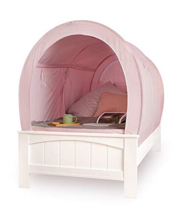 Snuggy Baldachim na łóżko pod łóżko - świetny dla dzieci zasłony prywatne | zaciemnienie, przenośna, lekka i oddychająca tkanina | składana konstrukcja dla chłopców i dziewcząt | do namiotów wewnętrznych i fortów do zabawy | różowy, podwójny