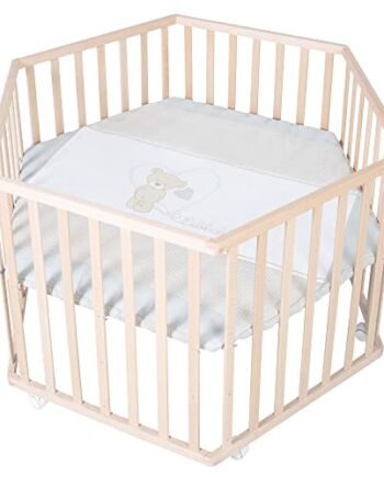 roba Drewniany sześciokątny kojec w misie z wkładem i kółkami z hamulcami - podstawa z regulacją wysokości - naturalny