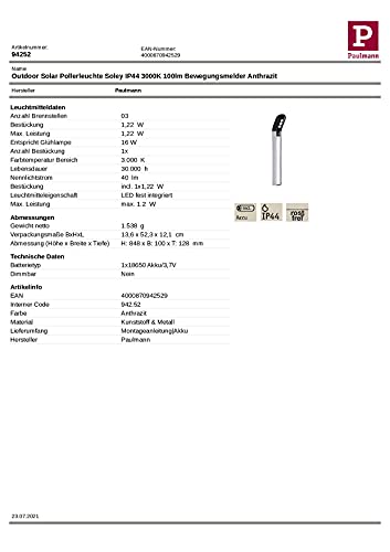 Paulmann 94252 solarna oprawa słupkowa LED Soley oprawa zewnętrzna w kompl. 1x1,22 W antracyt tw. sztuczne 3000 K ciepłobiała - obrazek 2