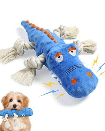 Pawaboo Plush Dog Toys, Durable Dog Chew Toys with Squeaky & Cotton Rope for Teeth Cleaning and Training, Interactive Crocodile Shaped Dog Toy, Soft Stuffed Chew Pet Toy for Puppy Medium Dog, Blue