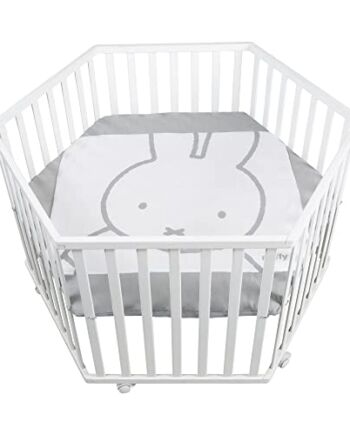 roba Drewniany sześciokątny kojec w króliczki z wkładem i kółkami z hamulcami - podstawa z regulacją wysokości - szary