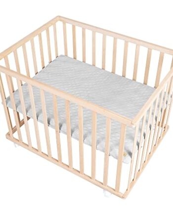 roba Kojec z naturalnego buku ekologicznego, 75 x 100 cm, w zestawie wkładka ochronna "roba Style grau" – 3-stopniowa regulacja wysokości – kratka do zabawy z regulowanymi kółkami