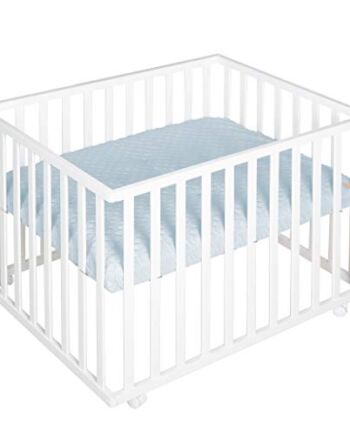 Roba Kojec"Roba Style", kojec 75 x 100 cm, bezpieczna kratka do zabawy z jasnoniebieską wkładką ochronną i rolkami, kratka do raczkowania dla niemowląt, drewno, biała