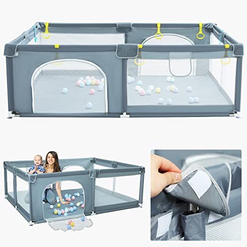 ANPEAC Kojec dla niemowląt, 206 x 165 cm XXL, barierka odgradzająca z 50 piłkami, 6 wiszącymi pierścieniami, duży bezpieczny plac zabaw dla dzieci, plac zabaw