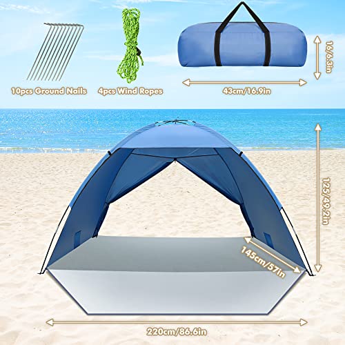 HAOYAO namiot plażowy dla 2-4 osób, ochrona przed promieniowaniem UV 50+, namiot rodzinny z przednimi i tylnymi drzwiami, ochrona przed wiatrem, mały rozmiar po spakowaniu, namiot plażowy na plażę, do ogrodu (jasnoniebieski) - obrazek 2