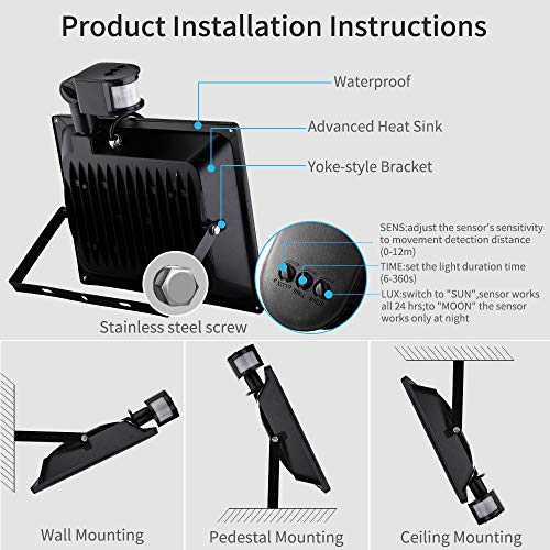 100W Reflektor LED z czujnikiem ruchu, wodoszczelny IP65 reflektor aluminiowy, 10000lm, 3000K ciepłe światło, reflektor LED, oświetlenie zewnętrzne do ogrodu, garażu, na boisko sportowe - obrazek 7