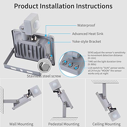 20W Reflektor LED z czujnikiem ruchu, wodoszczelny IP65 reflektor aluminiowy, 1600lm, 6500K zimna biel, reflektor LED, oświetlenie zewnętrzne do ogrodu, garażu, na boisko sportowe - obrazek 8