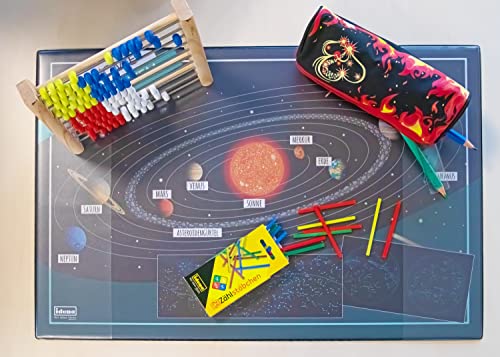 Idena 10449 – podkładka na biurko z dwiema kieszeniami, Układ Słoneczny, wymiary ok. 58,5 x 38,5 cm, praktyczne akcesorium do pokoju dziecięcego, młodzieżowego i gabinetu - obrazek 6