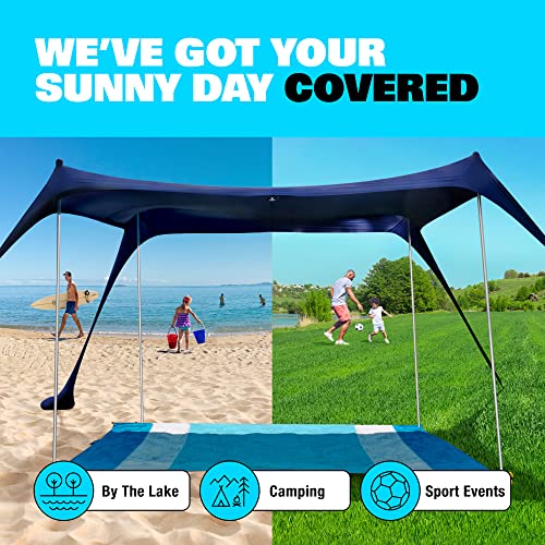Namiot plażowy SUN NINJA Pop Up Sun Shelter UPF50 + z łopatą do piasku, kołkami i masztami stabilizującymi, cień zawsze i wszędzie na wycieczki kempingowe, wędkowanie, zabawy na podwórku lub pikniki (300 x 300cm, 4-biegunowy, granatowy) - obrazek 4