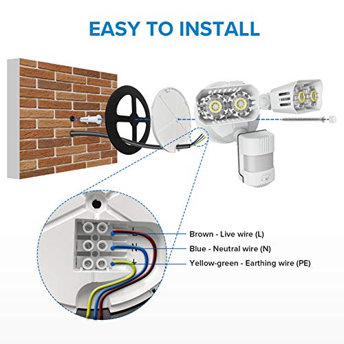 SANSI Reflektor LED 18 W z czujnikiem ruchu na zewnątrz, 1800 lm, światło bezpieczeństwa LED z czujnikiem ruchu, 5000 K, białe światło dzienne, super jasne, IP65, wodoszczelny, regulowany reflektor, biały - obrazek 6