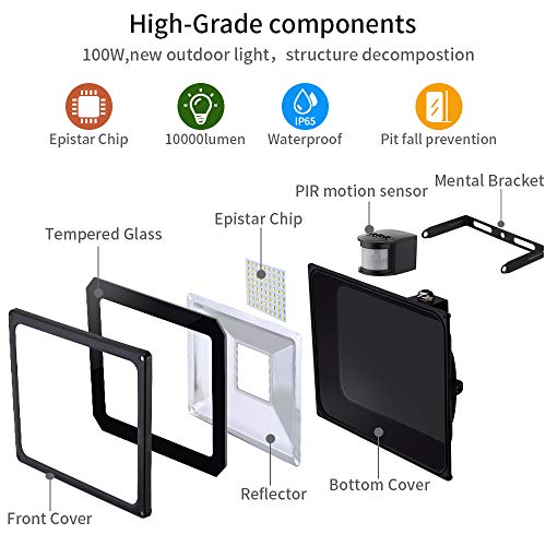 100W Reflektor LED z czujnikiem ruchu, wodoszczelny IP65 reflektor aluminiowy, 10000lm, 3000K ciepłe światło, reflektor LED, oświetlenie zewnętrzne do ogrodu, garażu, na boisko sportowe - obrazek 8
