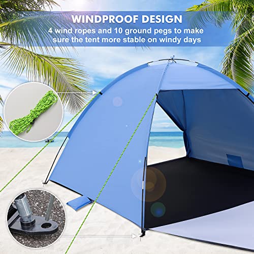HAOYAO namiot plażowy dla 2-4 osób, ochrona przed promieniowaniem UV 50+, namiot rodzinny z przednimi i tylnymi drzwiami, ochrona przed wiatrem, mały rozmiar po spakowaniu, namiot plażowy na plażę, do ogrodu (jasnoniebieski) - obrazek 4