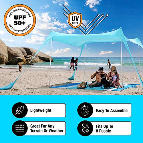 Namiot plażowy SUN NINJA Pop Up Sun Shelter UPF50 + z łopatą do piasku, kołkami i masztami stabilizującymi, cień zawsze i wszędzie na wycieczki kempingowe, wędkowanie, zabawy na podwórku lub pikniki (300 x 300cm, 4-biegunowy, granatowy) - obrazek 7