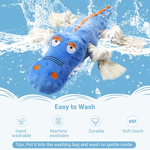 Pawaboo Plush Dog Toys, Durable Dog Chew Toys with Squeaky & Cotton Rope for Teeth Cleaning and Training, Interactive Crocodile Shaped Dog Toy, Soft Stuffed Chew Pet Toy for Puppy Medium Dog, Blue - obrazek 3