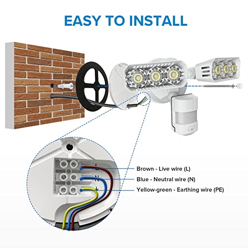 SANSI Światła bezpieczeństwa 27 W, czujnik ruchu zewnętrznego, odpowiednik 200 W, wodoodporność IP65, regulowany reflektor LED z czujnikiem PIR, 2700 lm, 5000 K, zewnętrzne światła z czujnikiem zasilane siecią, kąt wykrywania 180° - obrazek 6