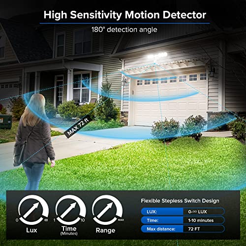 SANSI Reflektor LED 45 W z czujnikiem ruchu na zewnątrz, 6000 lumenów, 5000 K białe światło dzienne LED, bardzo jasna lampa zewnętrzna LED z czujnikiem ruchu, wodoszczelność IP65, regulowane światło, biały - obrazek 6