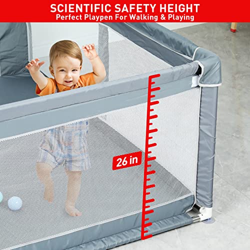 ANPEAC Kojec dla niemowląt, 206 x 165 cm XXL, barierka odgradzająca z 50 piłkami, 6 wiszącymi pierścieniami, duży bezpieczny plac zabaw dla dzieci, plac zabaw - obrazek 2