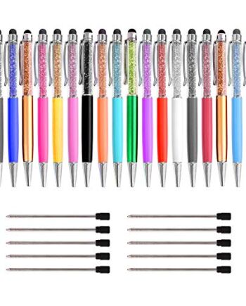 20 szt. kryształowy pojemnościowy ekran dotykowy, PUDSIRN kryształ górski 2 w 1 chowany długopis kulkowy z 10 szt. zamiennymi wkładami do iPhone'a, iPada, notatek i przyborów szkolnych (czarny tusz)