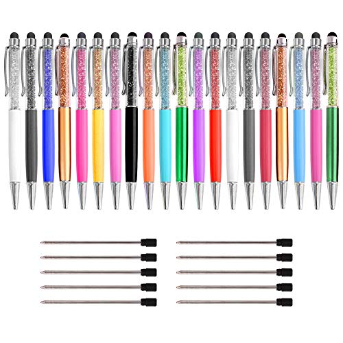 20 szt. kryształowy pojemnościowy ekran dotykowy, PUDSIRN kryształ górski 2 w 1 chowany długopis kulkowy z 10 szt. zamiennymi wkładami do iPhone'a, iPada, notatek i przyborów szkolnych (czarny tusz)