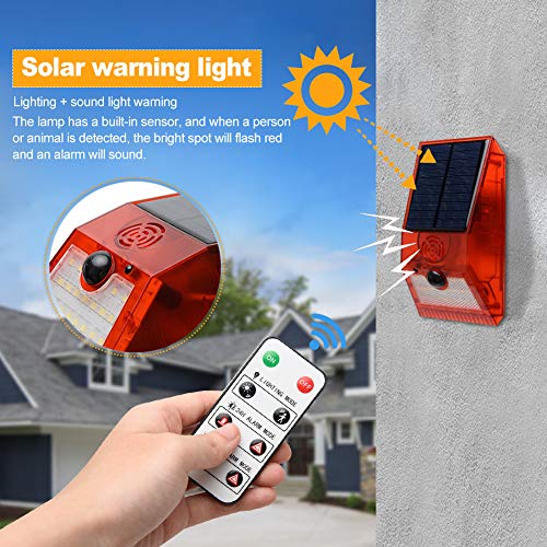 GeKLok Solarne światło alarmowe stroboskopowy czujnik ruchu z pilotem zdalnego sterowania, zasilana energią słoneczną wodoodporna bezprzewodowa lampa ścienna solarna lampa ostrzegawcza z 6 inteligentnymi trybami dla gospodarstwa, stodole, willi, podwórka - obrazek 6