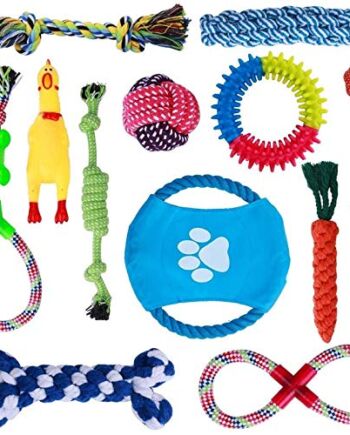 Parner Pies lina zabawki, 12 zestawów zabawka do żucia dla szczeniaka trwałe czyszczenie zębów dla małych średnich dużych psów bawełna piszczące interaktywne zabawki