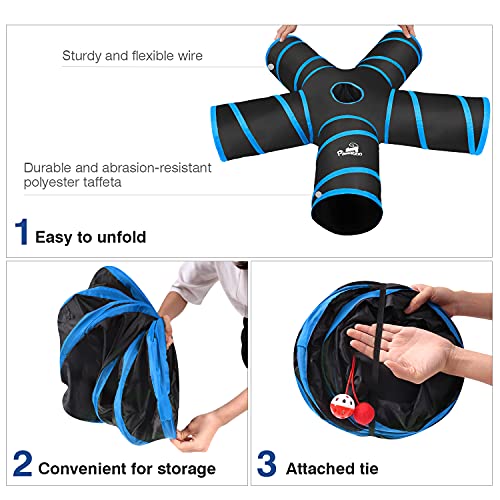 Pawaboo Zabawki dla kotów, tunele dla kota, 5-drożne tunele 25 x 40 cm, wysuwany, składany namiot do zabawy dla kota, królika, interaktywna zabawka, labirynt, domek dla kota, kota, królika, małe zwierzę, niebieski - obrazek 3