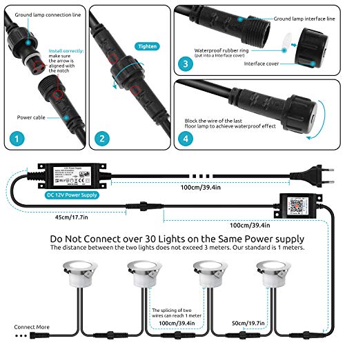 Lampy do zabudowy na zewnątrz, zestaw 10 lamp LED do wbudowania w podłogę do użytku na zewnątrz z kontrolerem Tuya Smart Life (RGB + ciepłe światło), DC12 V, Ø 45 mm, wys. 26 mm, IP67, wodoszczelne oświetlenie tarasowe do ogrodu, drewnianego mostu i basenu - obrazek 7