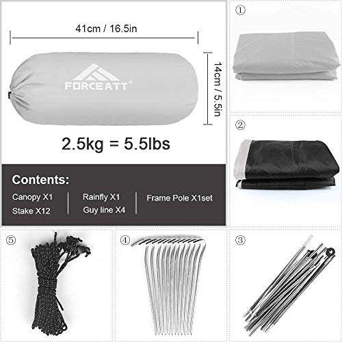 Forceatt Namiot kempingowy dla 2 – 3 osób, 2-drzwiowy, wodoszczelny i wiatroszczelny, 3 – 4 sezony, ultralekki plecak na trekking, kemping, do aktywności na świeżym powietrzu. - obrazek 4