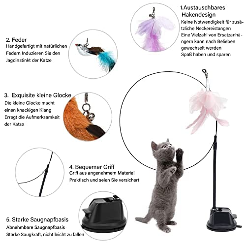 CALIYO Zabawka dla kota, interaktywna zabawka dla kotów, interaktywna zabawka dla kota z przyczepką, zabawne ptaki i pióra, zabawka inteligentna dla kotów, zabawka z mocną przyssawką - obrazek 3