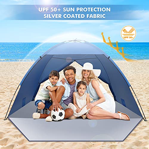 HAOYAO namiot plażowy dla 2-4 osób, ochrona przed promieniowaniem UV 50+, namiot rodzinny z przednimi i tylnymi drzwiami, ochrona przed wiatrem, mały rozmiar po spakowaniu, namiot plażowy na plażę, do ogrodu (jasnoniebieski) - obrazek 6