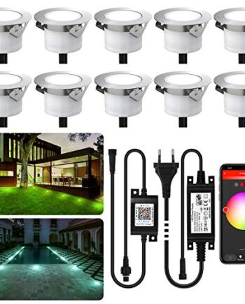Lampy do zabudowy na zewnątrz, zestaw 10 lamp LED do wbudowania w podłogę do użytku na zewnątrz z kontrolerem Tuya Smart Life (RGB + ciepłe światło), DC12 V, Ø 45 mm, wys. 26 mm, IP67, wodoszczelne oświetlenie tarasowe do ogrodu, drewnianego mostu i basenu
