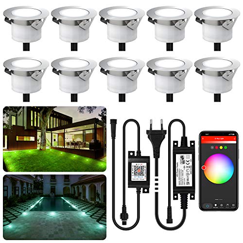 Lampy do zabudowy na zewnątrz, zestaw 10 lamp LED do wbudowania w podłogę do użytku na zewnątrz z kontrolerem Tuya Smart Life (RGB + ciepłe światło), DC12 V, Ø 45 mm, wys. 26 mm, IP67, wodoszczelne oświetlenie tarasowe do ogrodu, drewnianego mostu i basenu