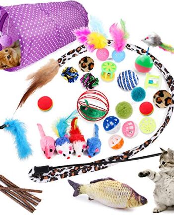 McNory Zestaw 28 zabawek dla kota z tunelem dla kota, piłkami, zabawkami z piórami, pluszowymi zabawkami, myszkami dla kotów, różne zabawki