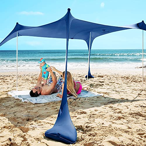 Namiot plażowy SUN NINJA Pop Up Sun Shelter UPF50 + z łopatą do piasku, kołkami i masztami stabilizującymi, cień zawsze i wszędzie na wycieczki kempingowe, wędkowanie, zabawy na podwórku lub pikniki (300 x 300cm, 4-biegunowy, granatowy)